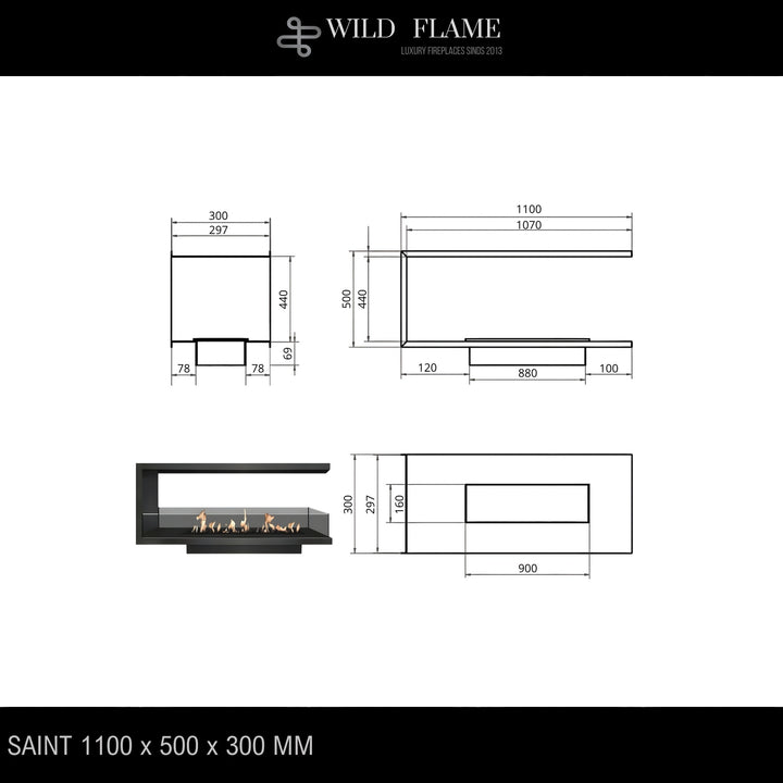 Dreiseitiger Bioethanol Einbaukamin U - SAINT 110